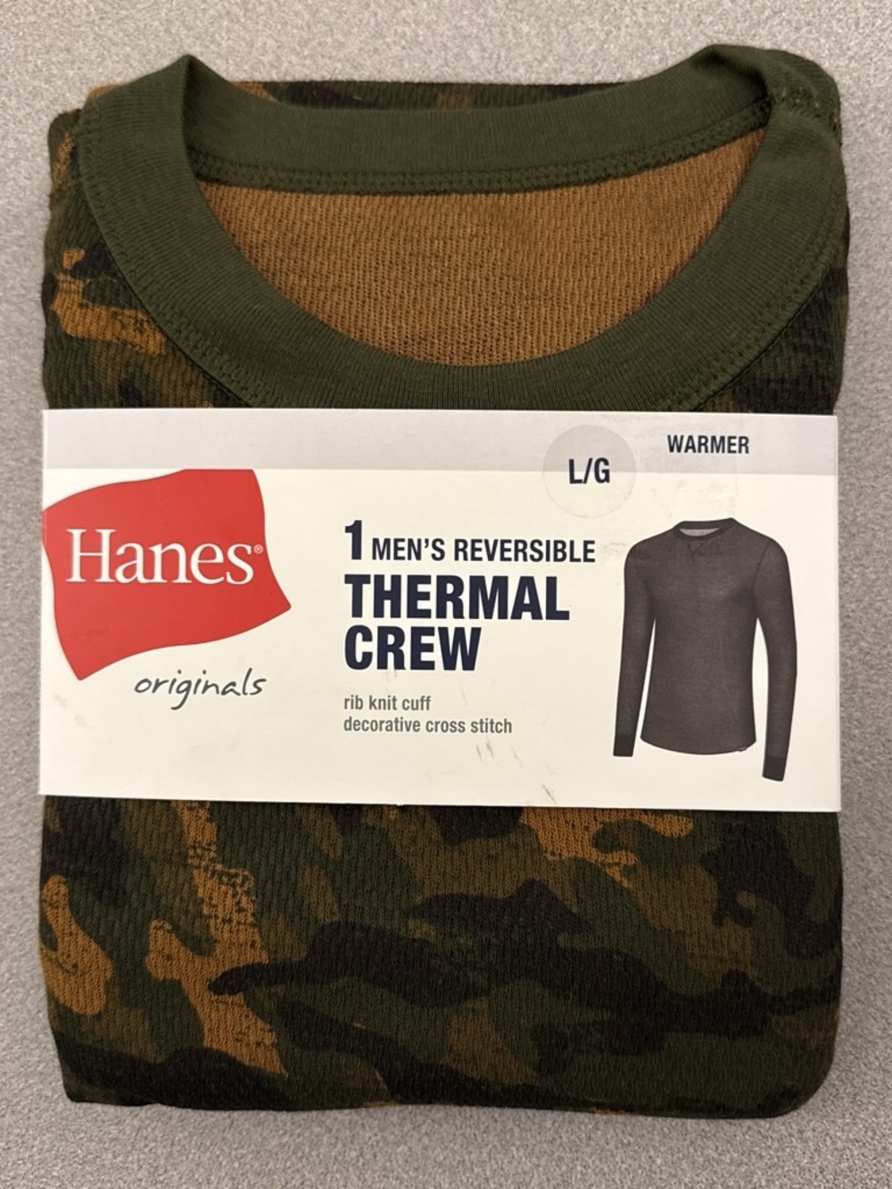 Hanes Men's Reversible Thermal Crew Green & Brown Camo Large NWT